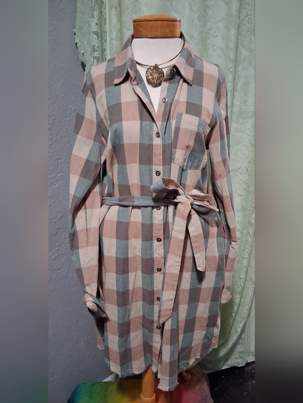 Mystree Sage Green and Mauve Plaid Belted Shirt Dress